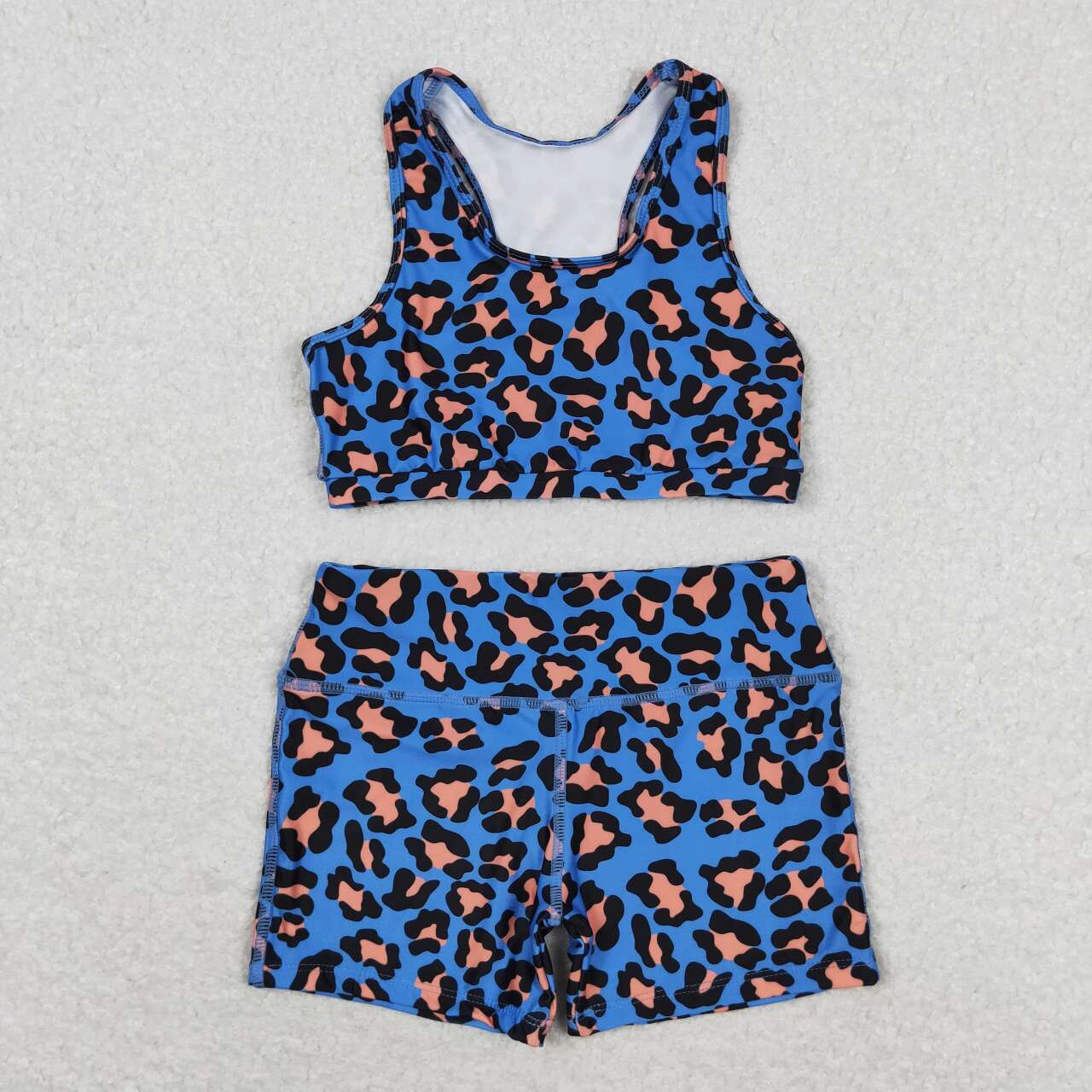 GSSO0901 Blue orange leopard print sleeveless shorts set High quality girls clothing sets 10-14