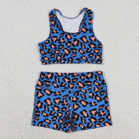 GSSO0901 Blue orange leopard print sleeveless shorts set High quality girls clothing sets 10-14