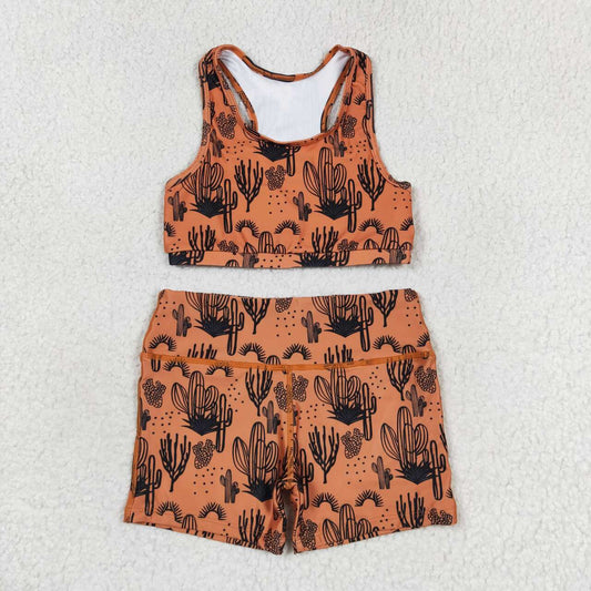 GSSO0902 Cactus brown sleeveless shorts set high quality wholesale baby clothing setsnew botn baby set clothing girl