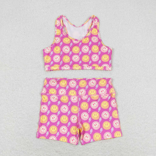 GSSO0904 Smiley face Lightning rose-red sleeveless top of the same color rose-red shorts high quality summer girls clothing sets