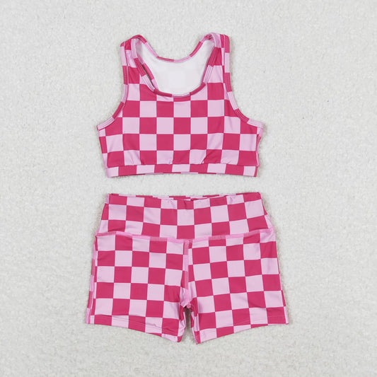 GSSO0905 Pink plaid sleeveless shorts set High quality baby clothing sets for girls