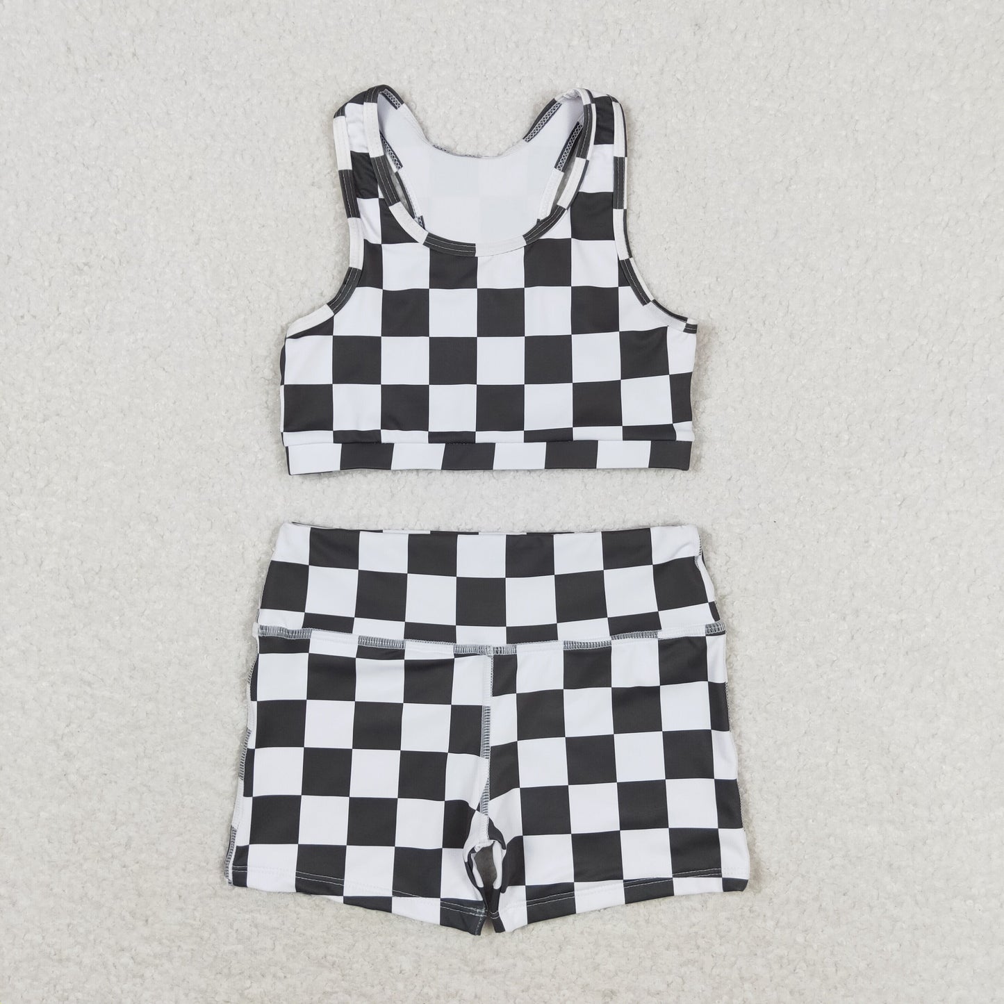 GSSO0906 Black and white plaid sleeveless shorts set high quality kids clothing sets 4 year girl