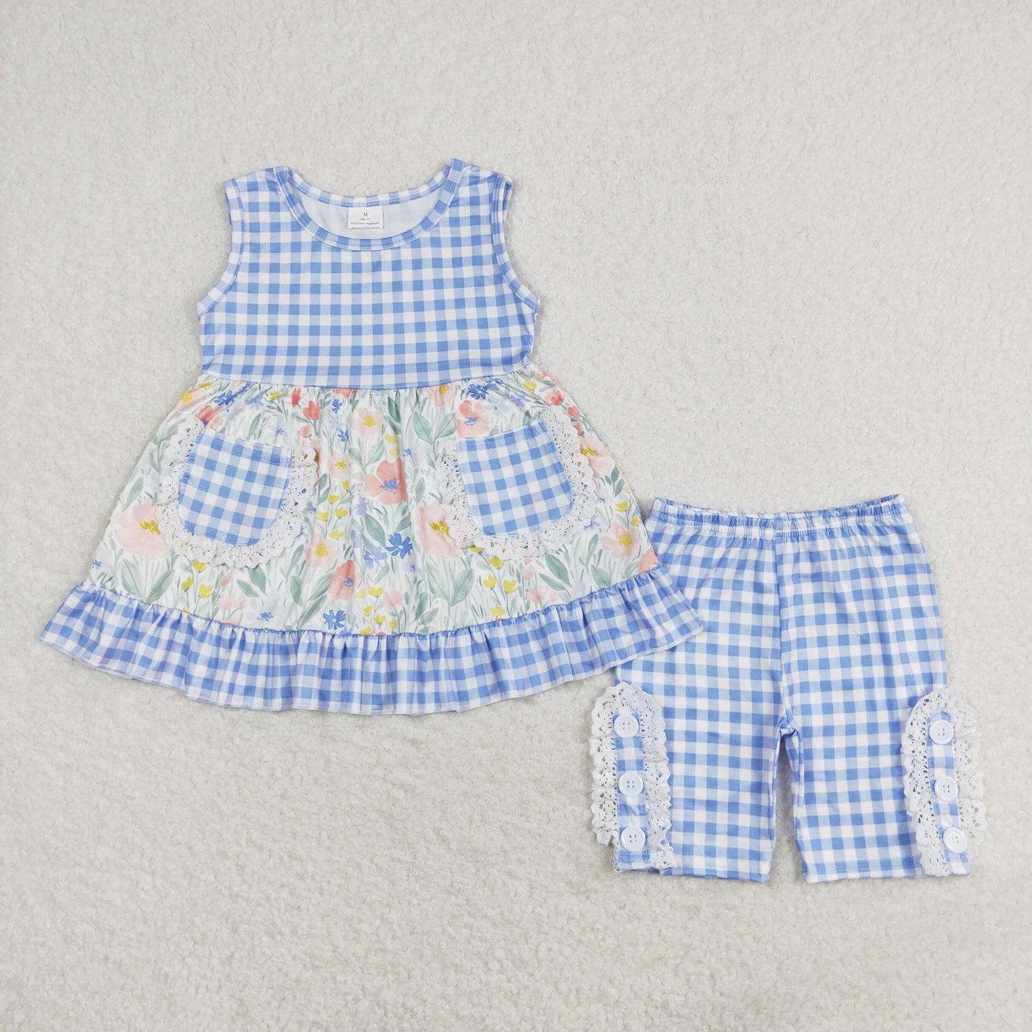 GSSO0908 Floral blue and white check pocket lace sleeveless shorts set high quality toddler girls clothing sets 3t