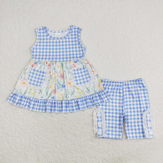 GSSO0908 Floral blue and white check pocket lace sleeveless shorts set high quality toddler girls clothing sets 3t
