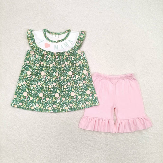 GSSO0913 l love mama Letter flowers Green short sleeve pink shorts set High quality baby girl clothing set