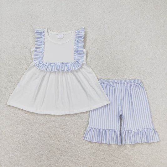 GSSO0926 Blue White Stripe Ruffle Flying Sleeve Shorts Girls  Set RTS 202508