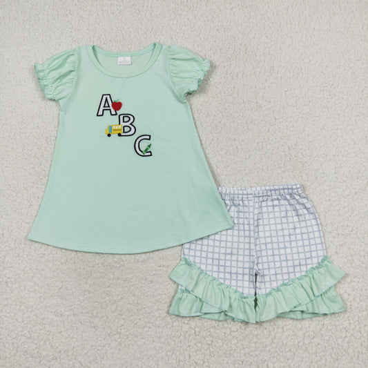 GSSO0930 Embroidery ABC Apple School Bus Green Short Sleeve Lace plaid shorts set High quality wholesale clothing set for girl