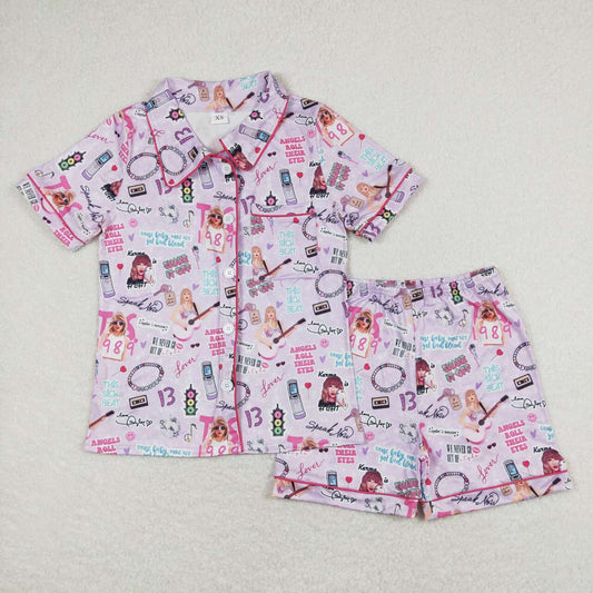 GSSO0931 Taylor Swift Purple Pink Button Short sleeve Top shorts pajamas set boutique Adult girls clothing sets summer outfit RTS 202501