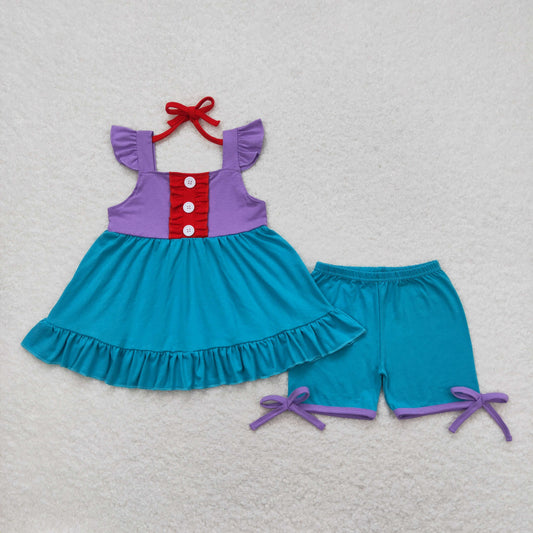 GSSO0970 Red Ruffle Purple Green flying sleeve shorts girls boutique outfit 202404 RTS