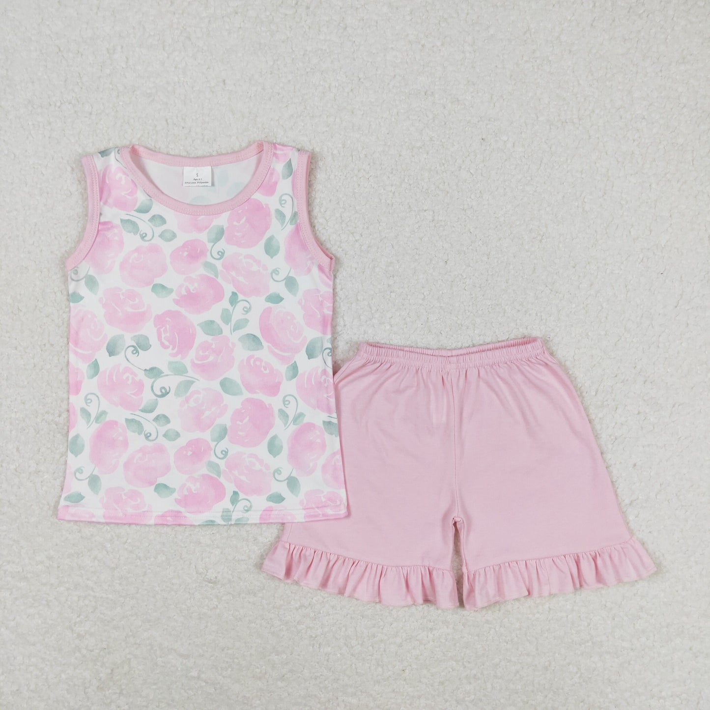 GSSO0975 Flowers and leaves pink sleeveless shorts set High quality set clothing girls