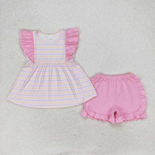 GSSO0976 Blue yellow wavy line striped pink lace sleeveless shorts set high quality 12 years girls clothing sets