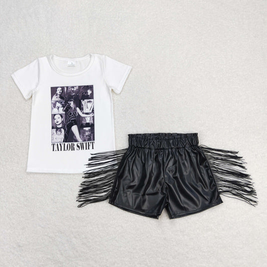 GSSO0983 Taylor Swift White Short-Sleeved Black Leather Shorts with Tassels Girls Sets RTS 202508
