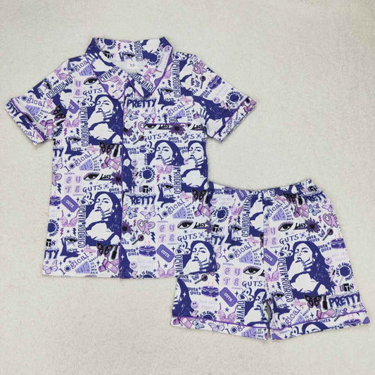 GSSO0987 Adult female butterfly purple white short sleeve shorts pajamas set high quality wholesale girl clothing set