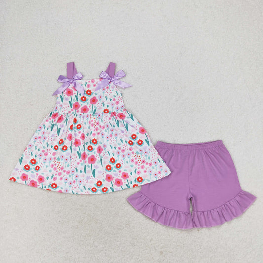GSSO0992 Floral purple lace bow sleeveless shorts set girls cotton dresses kids clothing set 202504 RTS
