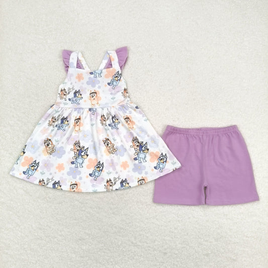 GSSO0998 bluey Flower purple flying sleeve shorts set High quality