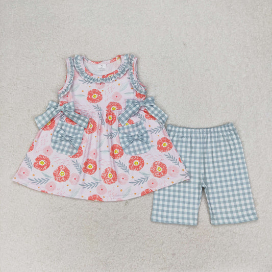 GSSO0999 Floral plaid pocket pink sleeveless shorts set High quality baby clothing girl sets