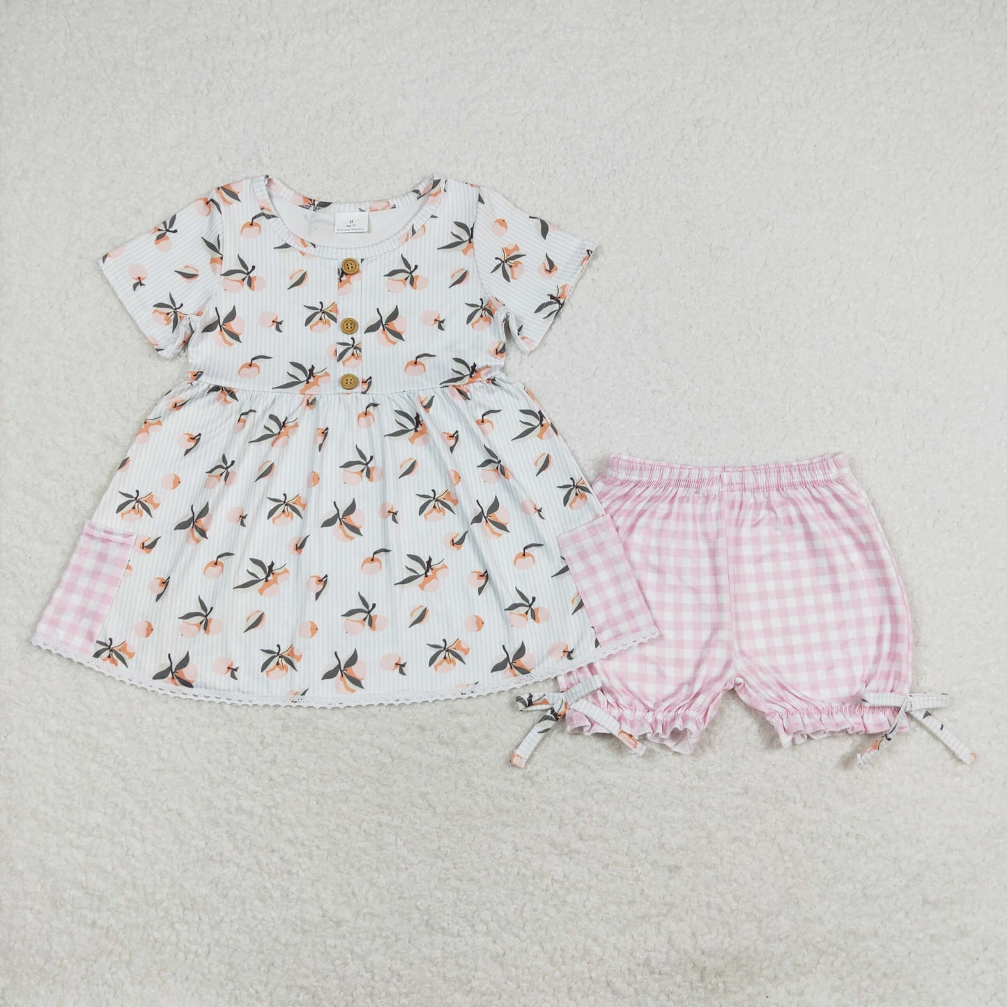 GSSO1000 Fruit orange striped short sleeve pink plaid shorts set high quality girls clothing sets 14 years