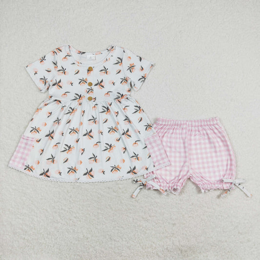 GSSO1000 Fruit orange striped short sleeve pink plaid shorts set high quality girls clothing sets 14 years