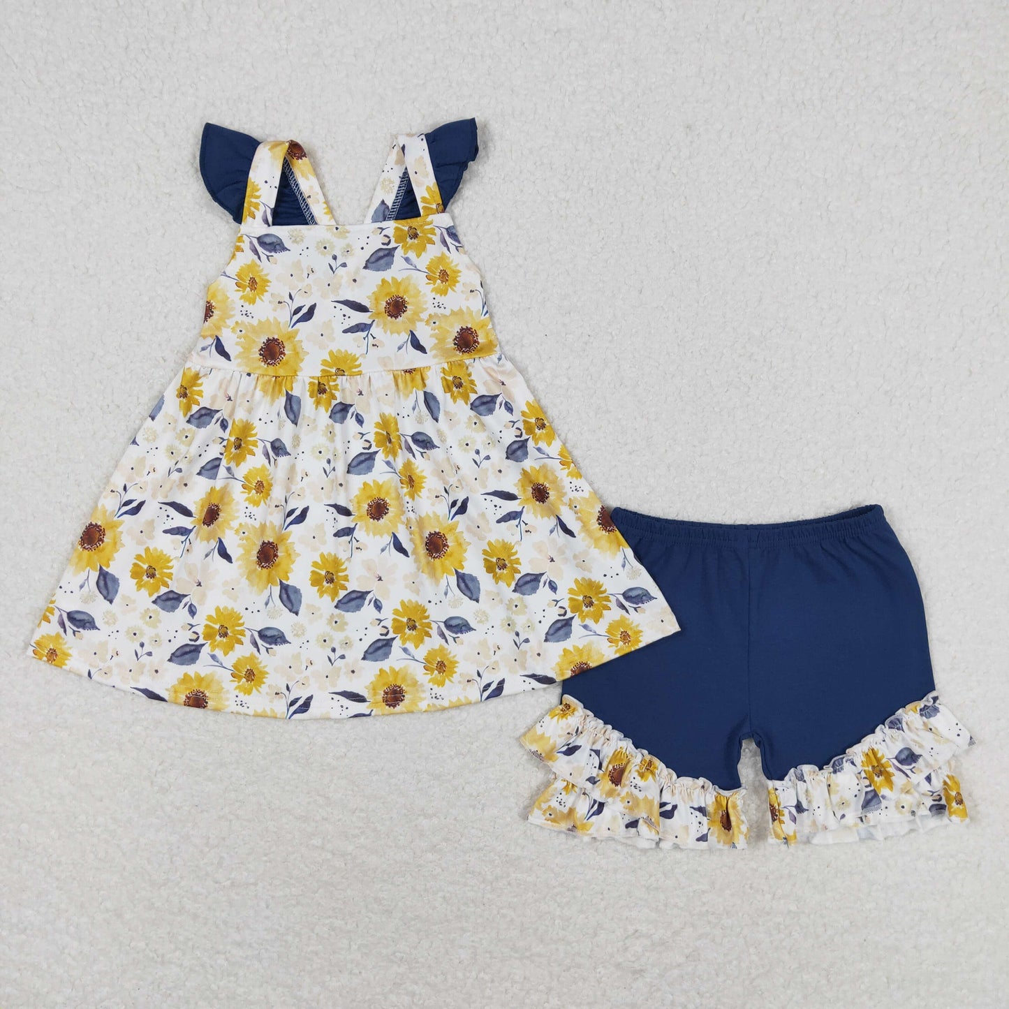 GSSO1006 Floral navy blue lace sleeveless shorts set high quality baby girls clothing sets
