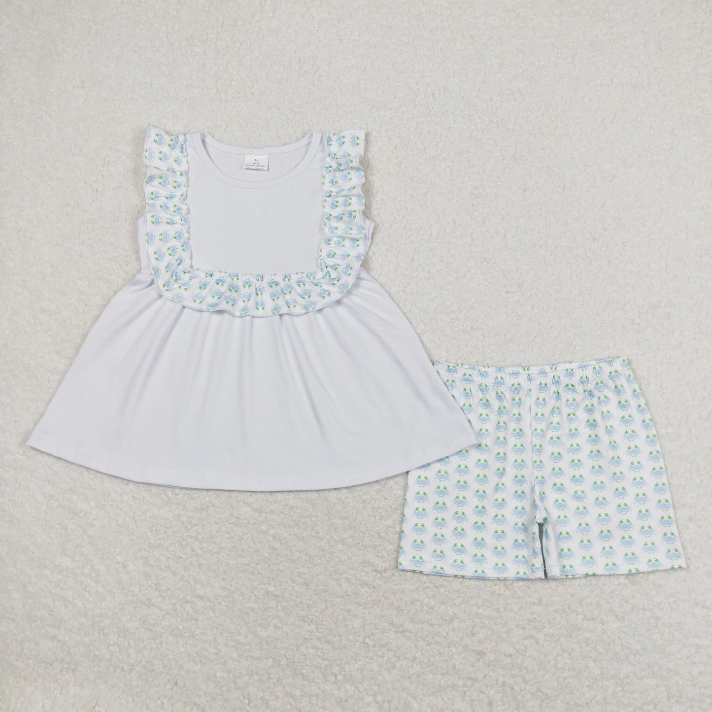 GSSO1009 crab pattern white green ruffle sleeveless shorts girls clothing sets 202404 RTS