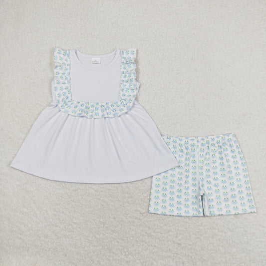 GSSO1009 crab pattern white green ruffle sleeveless shorts girls clothing sets 202404 RTS