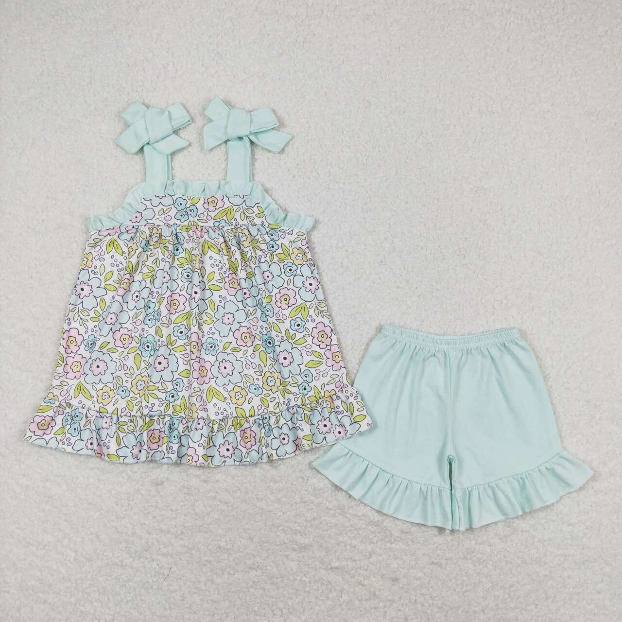 GSSO1018 Floral light blue lace suspender shorts set kids clothing sets for girls