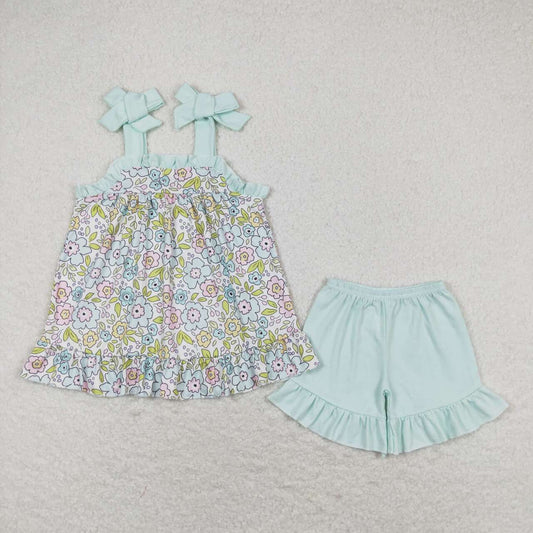 GSSO1018 Floral light blue lace suspender shorts set kids clothing sets for girls