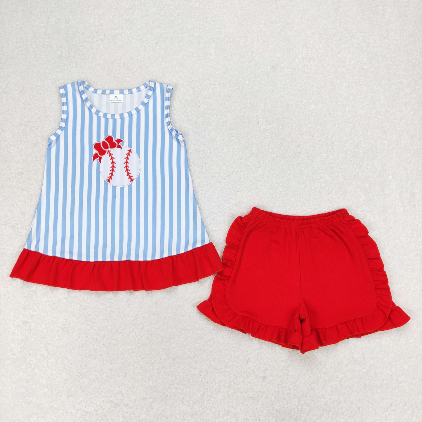 GSSO1019 Embroidered bow baseball blue stripes Sleeveless red shorts set High quality girls clothing set