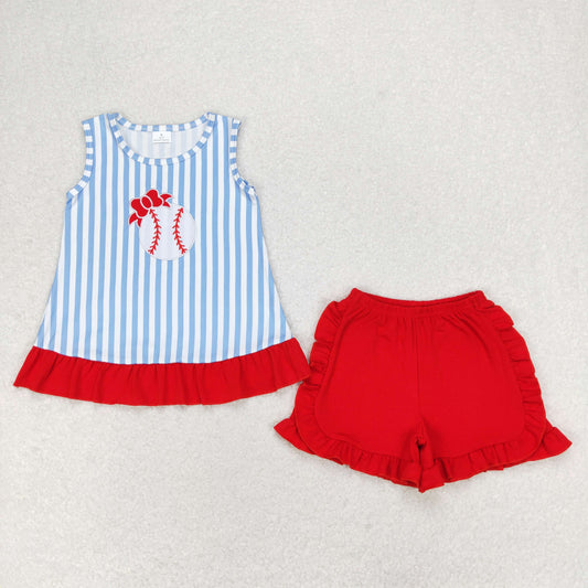 GSSO1019 Embroidered bow baseball blue stripes Sleeveless red shorts set High quality girls clothing set
