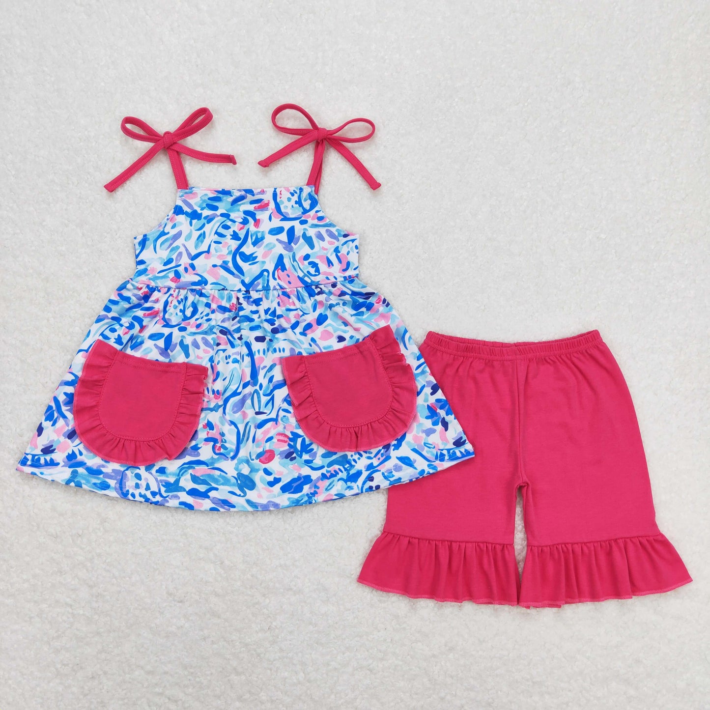 GSSO1028 Pocket Floral Rose Red Ruffle Halter Shorts Girls Set RTS 202508