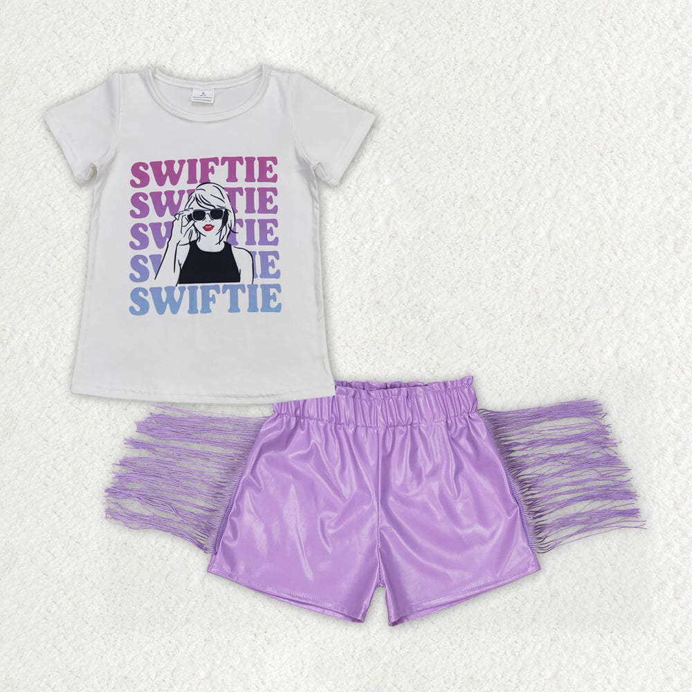 GSSO1029 swiftie letter white short sleeve purple glossy leather fringe shorts set