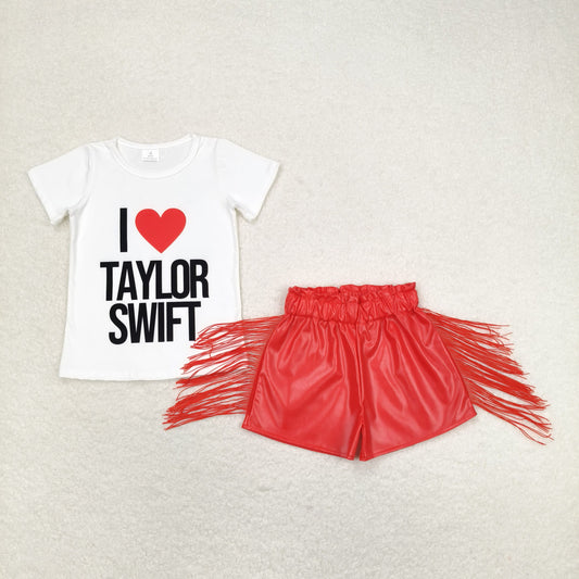 GSSO1030 l love swift White short-sleeved top red bright leather fringed shorts set High quality kids girl clothing sets