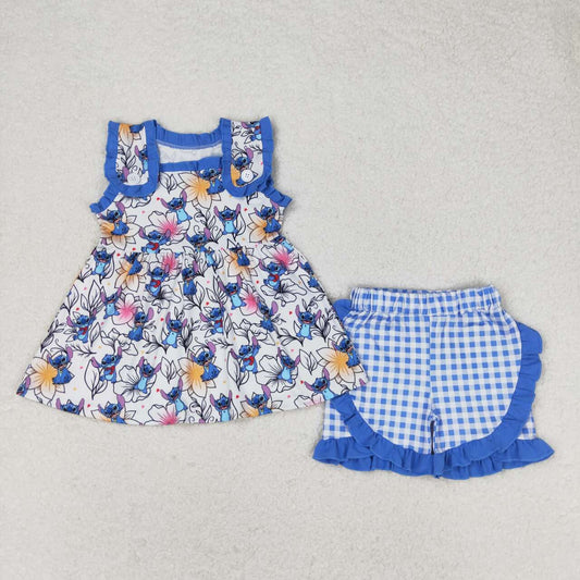 GSSO1040 Floral Stitch Blue Lace sleeveless plaid shorts set High quality summer teen girl clothing set