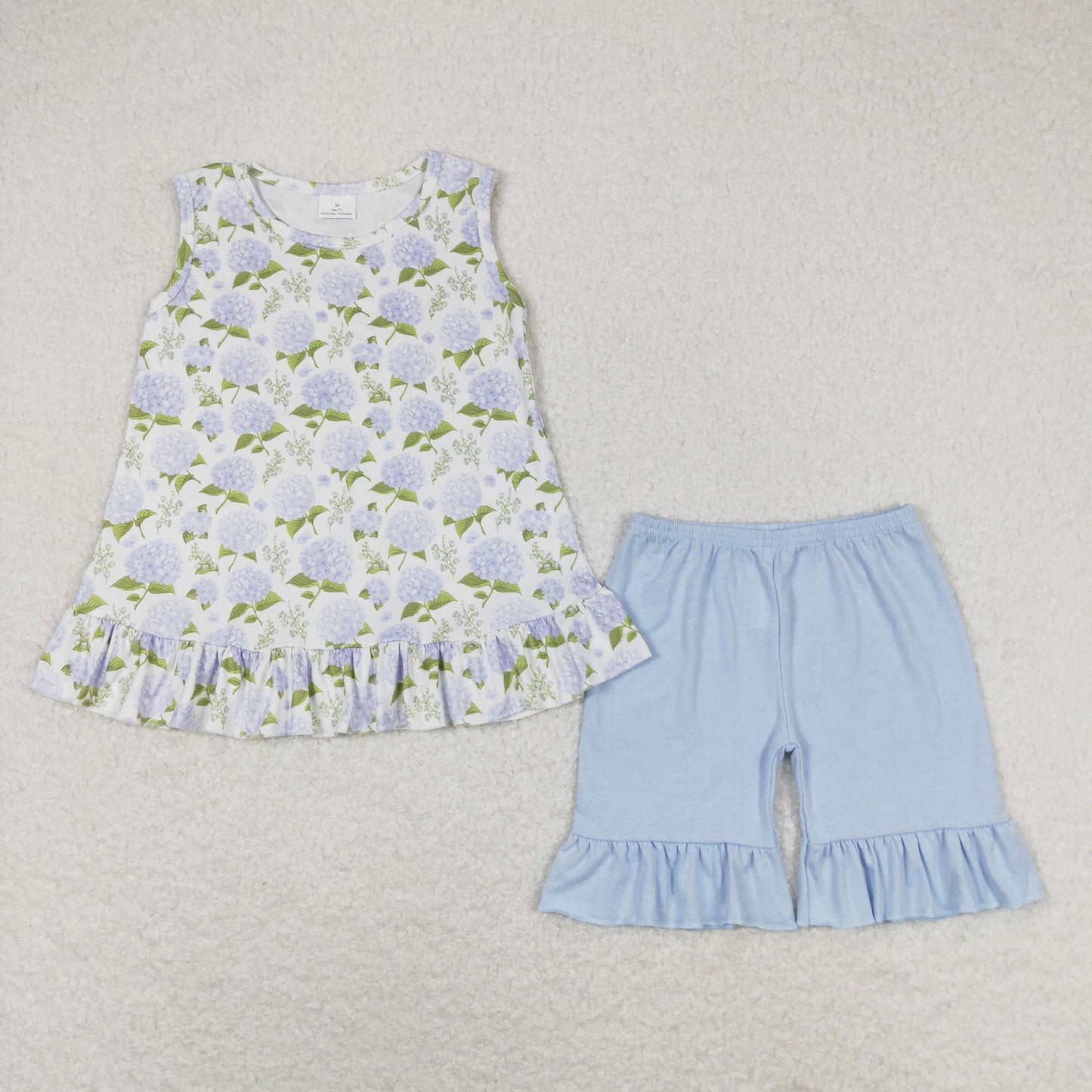 GSSO1050 Hydrangea beige lace sleeveless blue shorts set high quality girls clothing sets baby girls