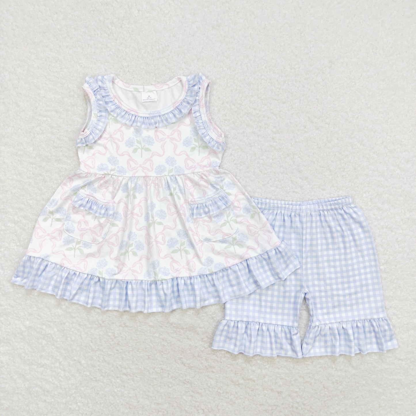 GSSO1051 Blue flowers Pink bow pattern plaid lace sleeveless shorts set High quality baby girls clothing sets