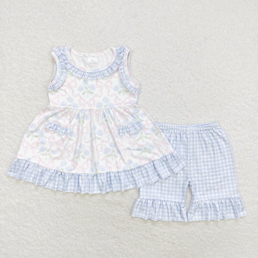 GSSO1051 Blue flowers Pink bow pattern plaid lace sleeveless shorts set High quality baby girls clothing sets