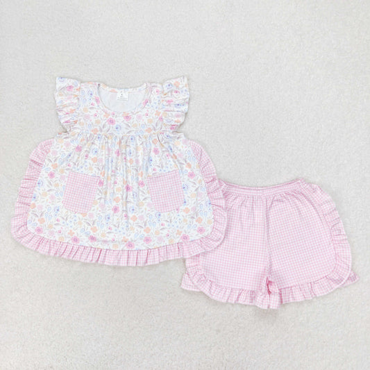 GSSO1057 floral pink plaid pocket flying sleeve shorts set High quality kids clothing sets for girls