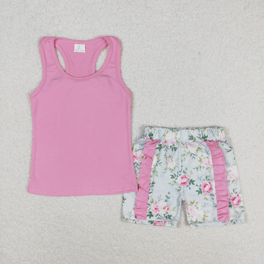 GSSO1059 Floral bow Solid color sleeveless Pink Lace shorts set high quality wholesale girls clothing sets 5 years