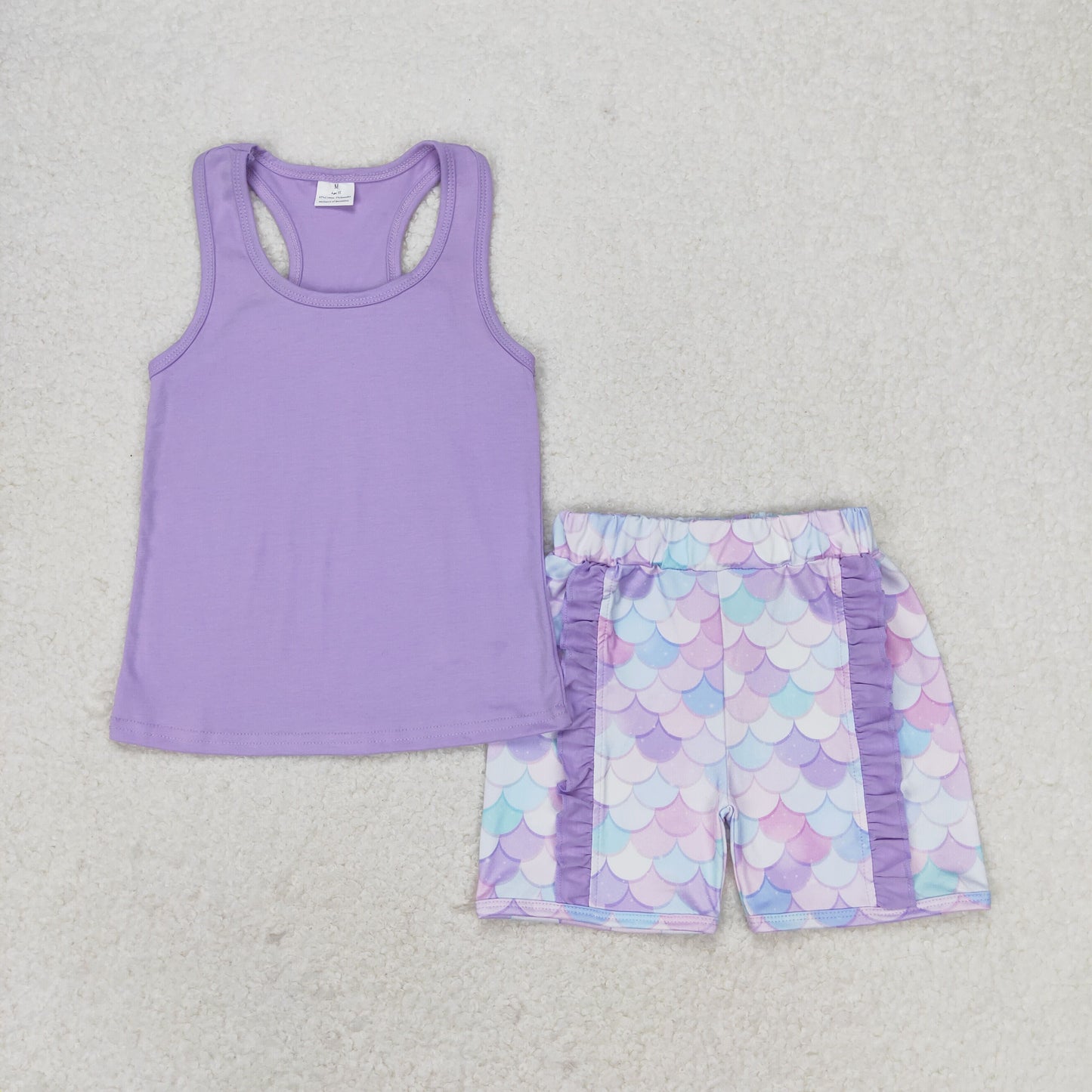 GSSO1060 Beauty Fish Scales Bow Solid color sleeveless blue purple lace shorts set high quality lovely girl clothing sets