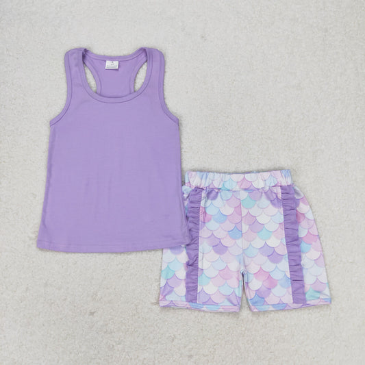 GSSO1060 Beauty Fish Scales Bow Solid color sleeveless blue purple lace shorts set high quality lovely girl clothing sets