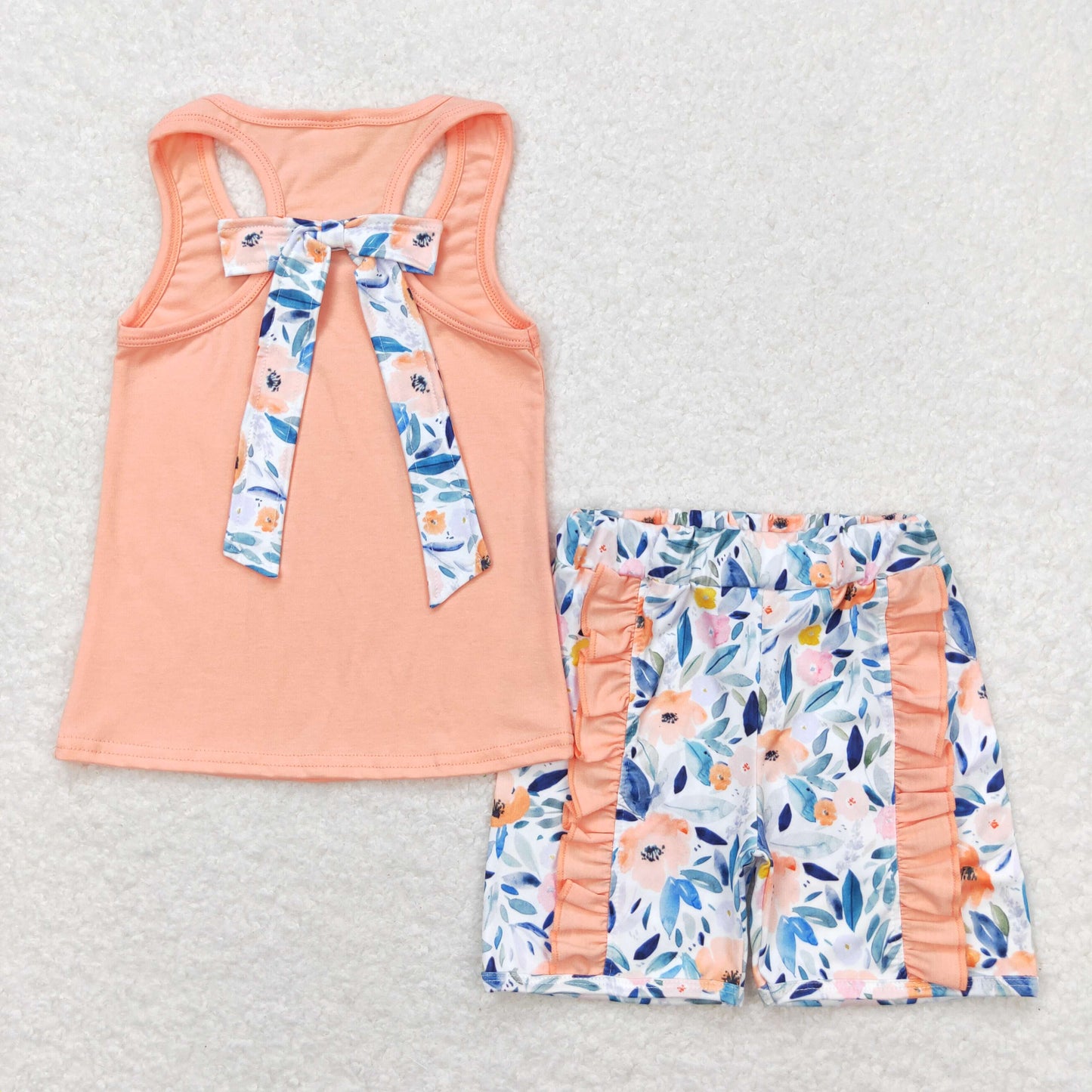 GSSO1061 orange flower leaf bow ruffle sleeveless shorts set High quality girls clothing sets wholesale