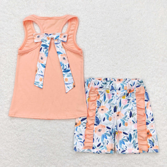 GSSO1061 orange flower leaf bow ruffle sleeveless shorts set High quality girls clothing sets wholesale