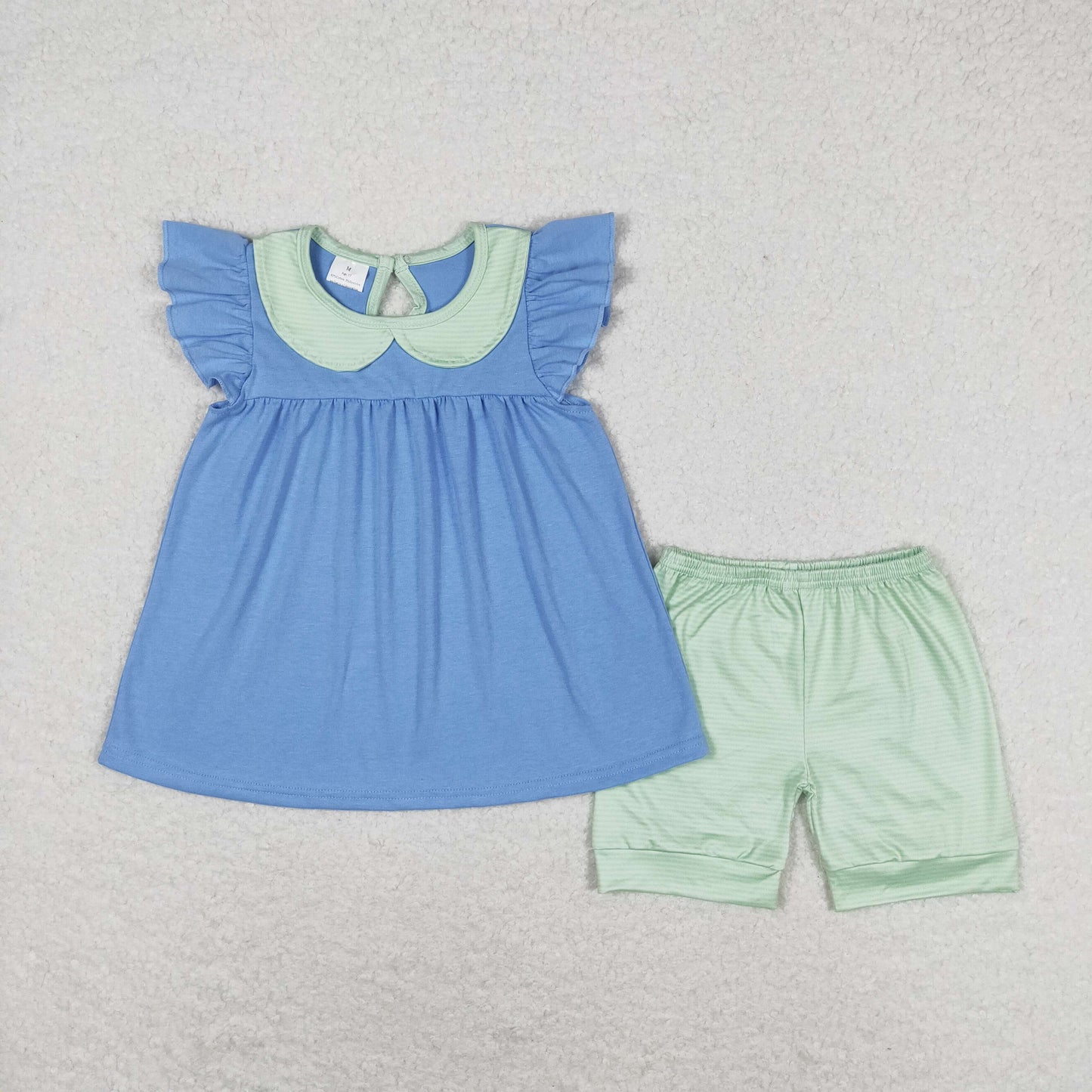 GSSO1067 Green striped doll collar blue flying sleeve shorts set High quality kids clothing set for girls