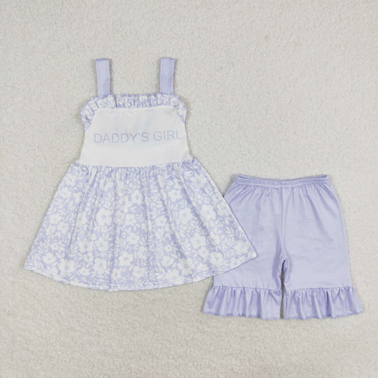 GSSO1069 daddy's girl Blue Floral lace sleeveless shorts set High quality girls clothing sets wholesale