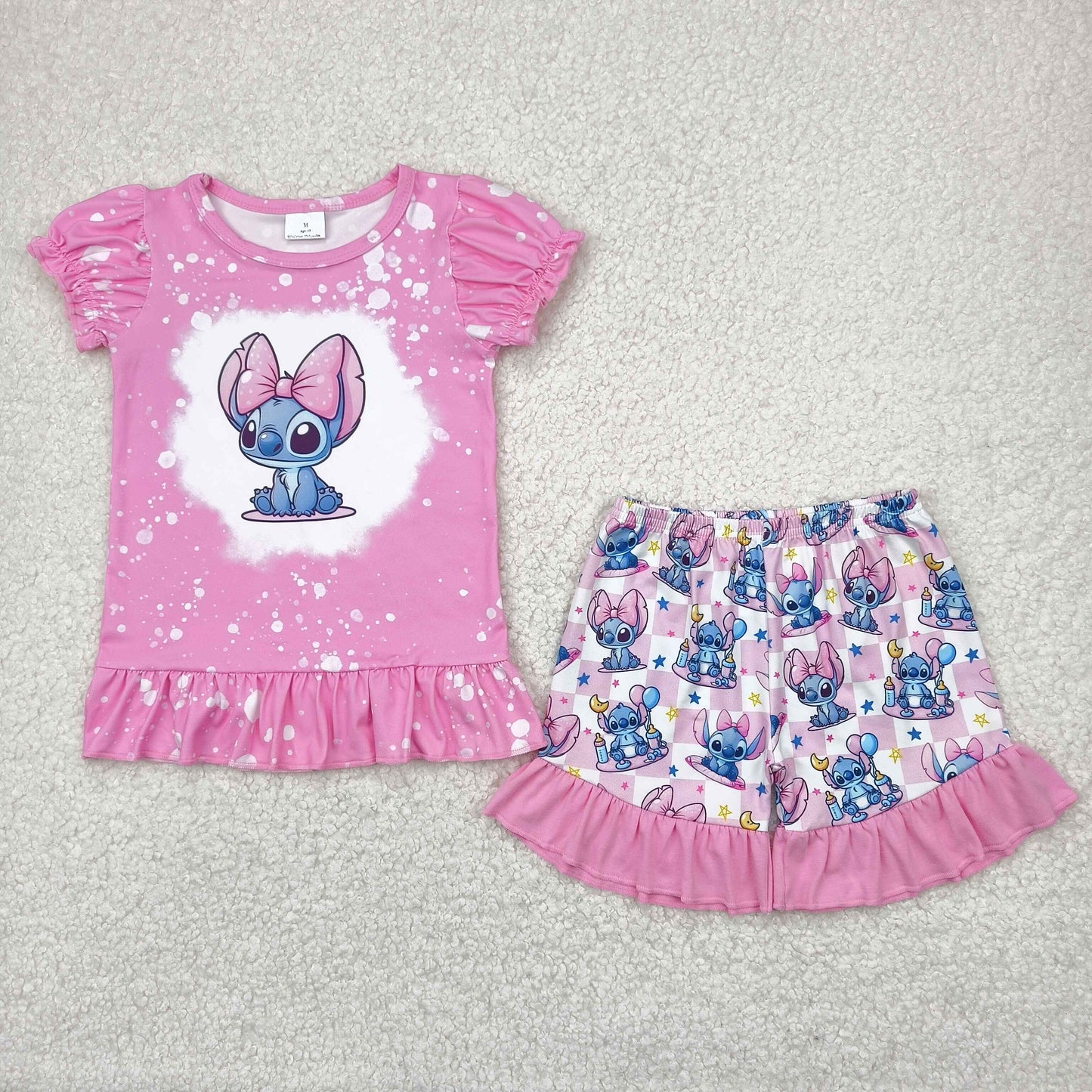 GSSO1071 Cartoon Stitch Pink Ruffle Short-Sleeved Shorts Set Girls Boutique Outfit 202504 RTS