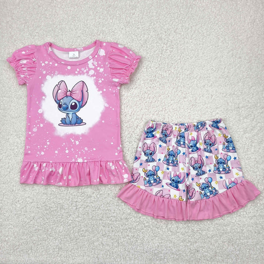 GSSO1071 Cartoon Stitch Pink Ruffle Short-Sleeved Shorts Set Girls Boutique Outfit 202504 RTS