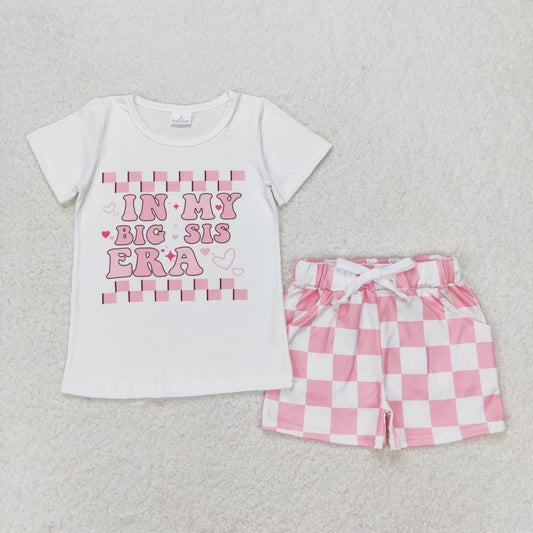 GSSO1073 in my big sis era letter pink and white checked short-sleeved shorts suit little girls clothing sets