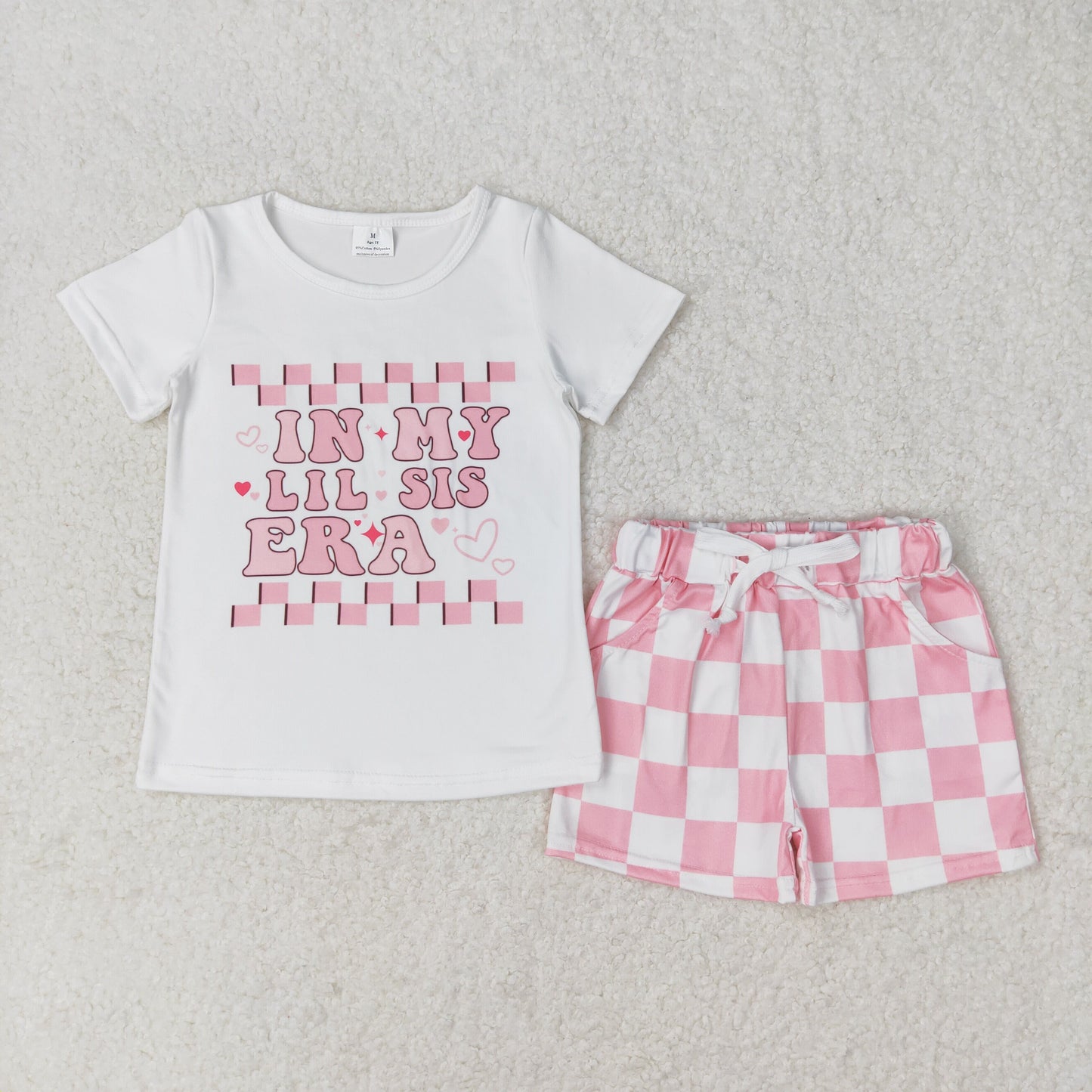 GSSO1074 in my lil sis era letter pink and white checked short-sleeved shorts suit kids clothing sets girls