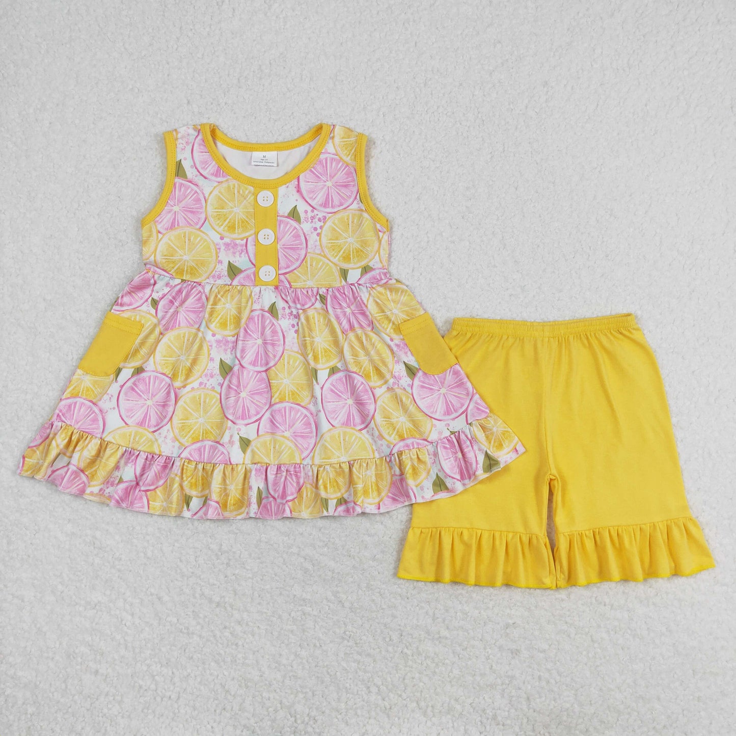 GSSO1079 Orange fruit pattern yellow sleeveless shorts set High quality little girls clothing sets