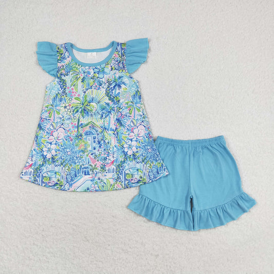 GSSO1084 Flower pattern blue flying sleeve shorts set High quality little girls summer clothing sets